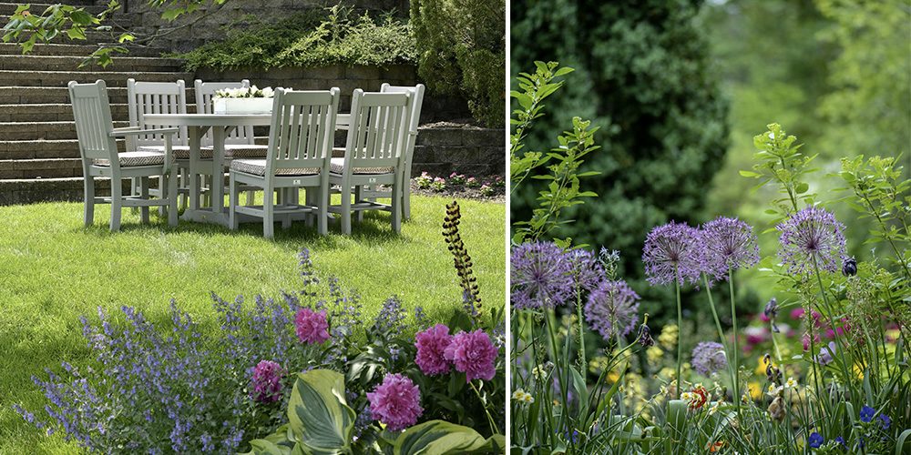 (Left) A trimmed lawn with a pale green table and chair set, (Right) A close-up of scattered wildflowers